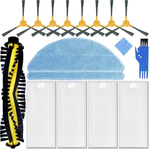 EATBALE Ersatzteile Zubehör für Tesvor X500/X500 Pro/M1/S7 Pro/M2 Staubsauger, 1 Hauptbürste Rollbürste, 8 Seitenbürsten, 4 HEPA-Filter, 2 Wischtücher, 1 Reinigungsbürste, 1 Reinigungstuch (15 Stück)