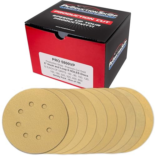 ProductionShop Premium 5 Gold Sanding Discs, 8-Hole Pattern, 100 Disc Variety Pack, Grits 60, 80, 100, 120, 150, 180, 220, 320, 400, 600 - Heavy-Duty Hook & Loop Sandpaper, DA, Random Orbital Sander