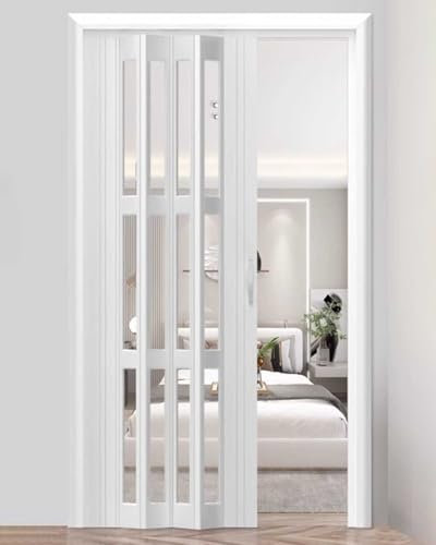 ZIMGOD Concertina Door White Folding Door with Handle & Clear Acrylic Windows, Plastic Sliding Door 24x80 30x80 32x80 36x80 42x80 48x80 50x80 60x80 80x80 in, Custom Size(25x39in (63.5x100cm))