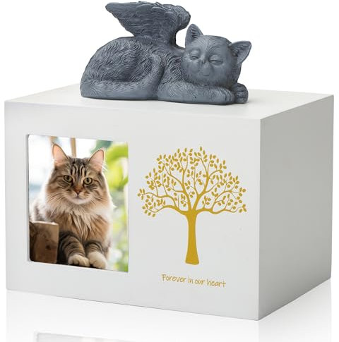 DiDiBirDi Boîte de crémation pour animaux de compagnie - Urne blanche en bois - Avec statue d'ange de chat en résine et sac