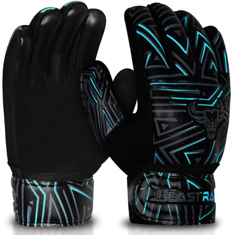 BEAST RAGE ungdom målvaktshandskar för barn, pojkar, flickor, fotboll målvaktshandskar halkskydd 4 mm latex palm, extra grepp, dubbel handledsrem, andningsbart nät (cyan, storlek 6, lämplig för 12