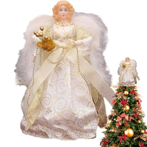 Christmas Angel Tree Topper - Standing Angel with White Feather Wings - 7.08in Christmas Tree Topper