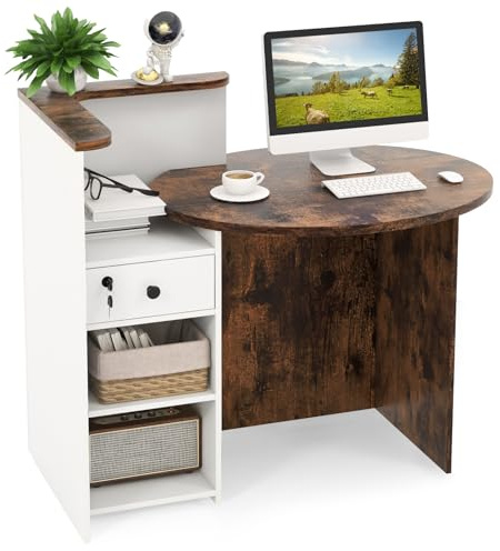 MAT EXPERT Reception Desk, Front Desk with Open Shelves, Lockable Drawer, Round Tabletop, Checkout Counter, Retail Counter, Computer Workstation for Office (White Cabinet & Rustic Brown Desktop)