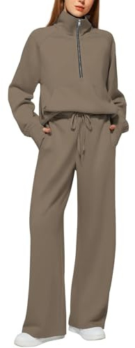 Angxiwan Womens Two Piece Full Set Tracksuit Long Sleeve Oversized Half Zip Sweatshirt Pullover Drawstrings Wide Leg Trousers Sweatpants Outfits Ladies Gym Sports Casual Activewear Lounge Sets