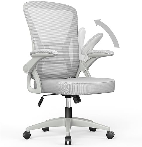 naspaluro Chaise Bureau avec Accoudoir Relevable, Fauteuil de Bureau, Gris | en Maille Respirante avec Soutien Lombaire, Dossier Inclinable et Hauteur Réglable, Roulette Pivotant à 360°