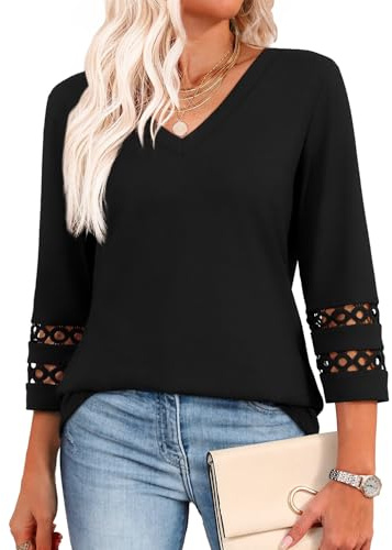 Aokosor Womens Tops 3/4 Length Sleeve Blouses Ladies V Neck T Shirts for Women UK Loose Casual Fit