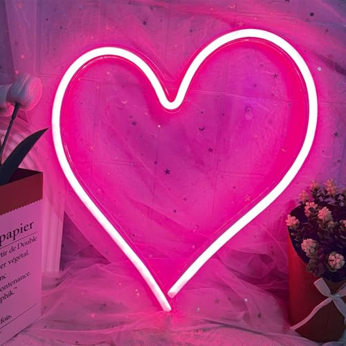 Rosa Herz LED Neon Schild Dimmbar Love Heart Leuchtschilder | USB Betrieben Ästhetik LED Lampe für Wanddekoration Romantische Leuchtreklame für Valentinstag Schlafzimmer Party Hochzeit