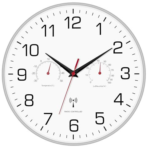 Couperos Horloge murale radio-pilotée silencieuse avec thermomètre et hygromètre - 30 cm - Sans bruit de tic-tac - Pour salon, cuisine, bureau - Plastique