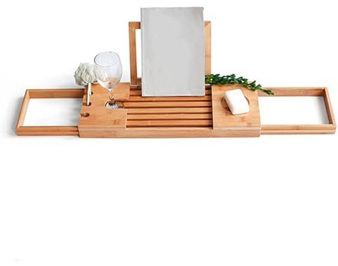 Bamboo Bathtub Caddy Tray with Adjustable Sides Luxury Bath Organizer with Wine Glass Holder and Phone Slot Natural Wood Bathroom Accessories for Relaxing Bath Time
