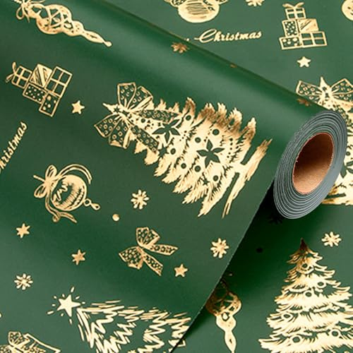 Wikadlik Grünes Weihnachts-Geschenkpapier – 43 cm x 10 m, metallisch golden glänzendes Design mit Weihnachtsbaum, Glocke, Bogen und Gitter-Schnittlinien, Geschenkpapier