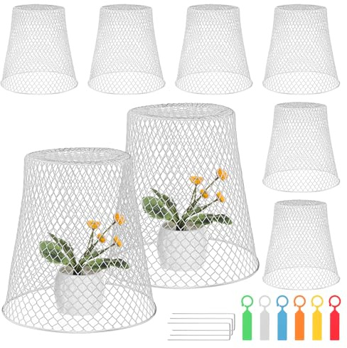 eROOSY 10 coperture protettive per piante in filo di pollo, cloche da giardino, gabbie per piante, protezione da giardino per tenere fuori il pollo di coniglio, con 30 picchetti e 20 etichette (bianco