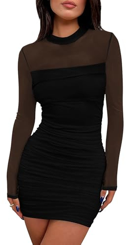 WIHOLL Womens Mesh Sheer Long Sleeve Ruched Mini Dress Fall Sexy Bodycon Little Short Sexy Nye Wedding Guest Semi Formal Cocktail Party Club Homecoming Dresses 2025 Black M