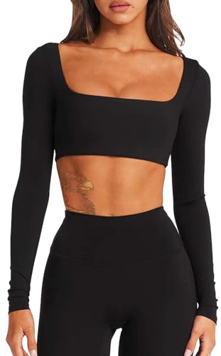 TZLDN Women Square Neck Long Sleeve Crop Top Removable Pads Gym Activewear | Thumbhole Cuffs Buttery Soft Quick Dry Light Medium Support Slim Fit With Leggings for Yoga Pilates Daily Going Out Outfits
