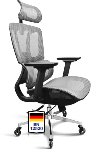 MELOKEA Bürostuhl Ergonomisch, 4D-Armlehnen, Verstellbare Sitztiefe, 4-stufige Neigung, Gummirollen, Mesh-Sitzfläche, Hohe Lehne, Bequem für Große Menschen, Bürostuhl 150 KG, Grau