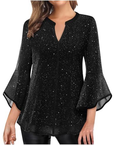 Hauts à paillettes pour femmes élégant col en V manches 3/4 à volants chemisier ample fluide scintillant femmes décontracté sortie fête chemise, Noir , XXL
