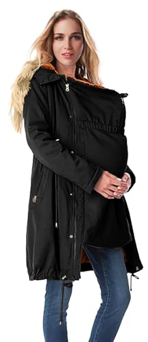 Veste de portage d'hiver chaude en coton pour femme - Veste de portage avec col en fourrure - d'hiver pour femme - Manteaux grossesse avec insert pour bébé - Manteau surdimensionné chaud