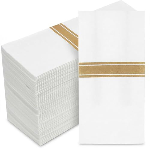 100 Pack Disposable Dinner Napkins, White with Gold Trim Linen Feel Paper Napkins, Pre-Folded with Built-in Flatware Pocket for Wedding Party Kitchen