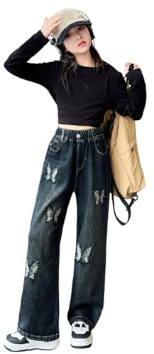Broderie papillon jean fille enfants baggy droit, pantalon fille large avec taille élastique loose fit long denim, jeans décontracté denims mode casual polyvalent ado pant, (Blue, 13-14 Years)