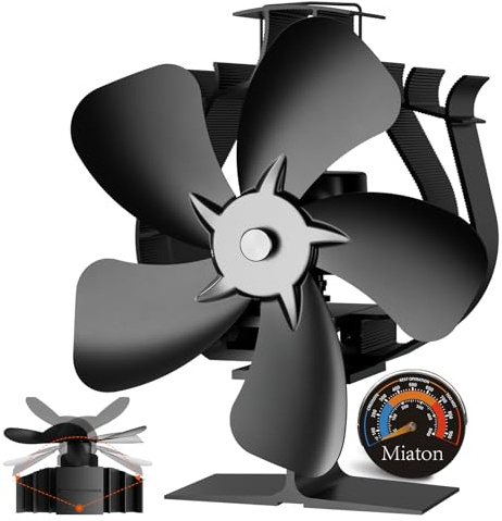 Miaton Ventilador oscilante para estufa de leña alimentado por calor con alto volumen de aire | Ventilador de chimenea de 5 aspas con termómetro de estufa | Ventilador de capullo no eléctrico |