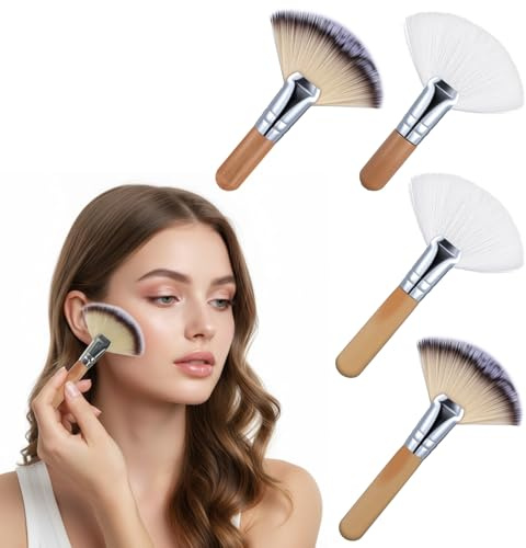 Grevosea 4 Pcs Facial Brushes Esthetician, Fan Brushes Fluffy Makeup Brush Soft Bristle Highlighting Blush with Long and Short Handle for Women Girls Face Cosmetic Makeup Tools