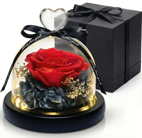 Rose Éternelle sous Cloche avec Faon Cadeau Romantique pour Femme, Anniversaire, Fête des Mères, Mariage - Coffret Cadeau Luxe - Décoration Maison (1, Faon et Rose)