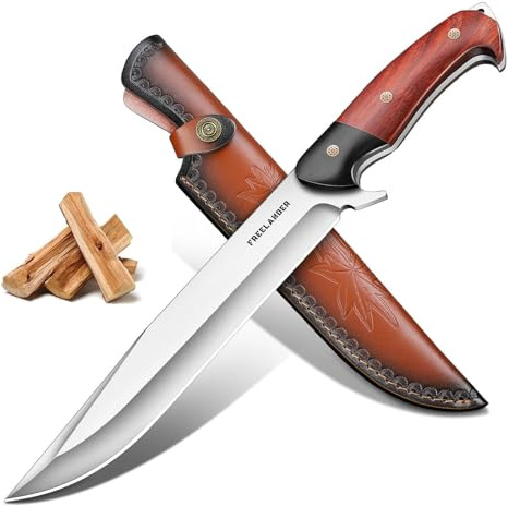 Freelander Survival Messer Jagdmesser Feststehende Klinge | Scharfes Full Tang Outdoor Messer mit Lederscheide, Bushcraft Campingmesser, Geschenk für Männer