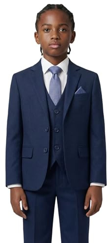 Boys' 7-Piece Self-Patterned Navy Blue Suit Set – Slim Fit Wedding Special Occasion Outfit Sizes 12 Years UK