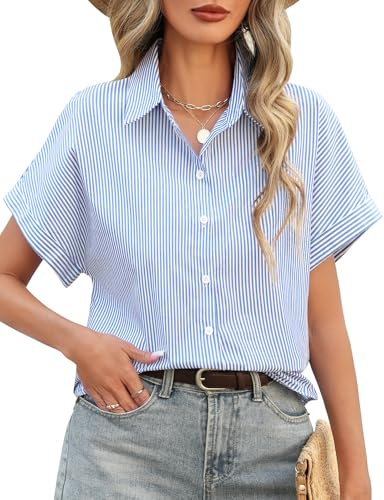 Fashora Chemisier Femme Coton Chemise Décontracté Manches Courtes Col en V Blouse Rayures Élégant Boutonné Bureau Business Tops (Bleu Ciel, L)