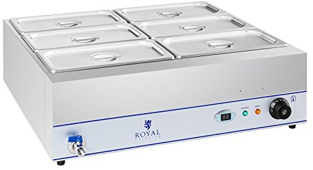 Royal Catering Bain-Marie Bac GN RCBM-6W-2000 (2000W, 6 bacs GN 1/3, 5,7 l, Robinet de vidange, Écran LCD)