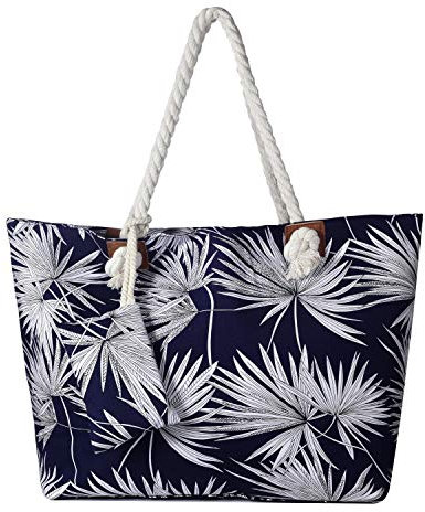 DonDon Strandtasche XXL mit Reißverschluss - Umhängetasche Damen, Shopper Tasche Damen im Beach Look mit Schulterriemen - Urlaub Must Haves Beach bag - Seegras dunkelblau
