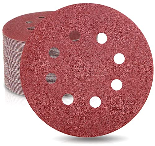 WooZuu 50 Pcs 125mm Sanding Discs 100 Grit Sandpaper Orbital Sander Pads | 5 Inch Hook and Loop Orbital Sander Discs, 8 Holes Round Sanding Pads For Wood Wall Metal, Sanding Discs For Orbital Sander