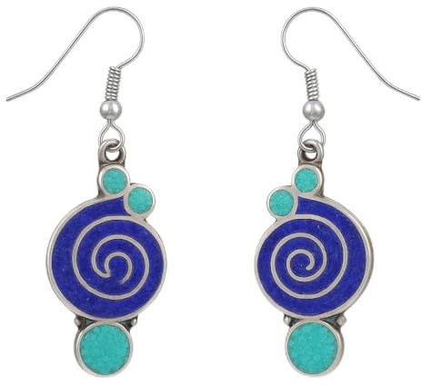Handgefertigter komprimierter blauer Lapislazuli & Korallen-Edelstein-Inlay-Tropfen-Ohrring für Damen Jugendliche 925 versilberter ethnischer Zigeuner-Boho-Mode Party-Ohrring-Schmuck