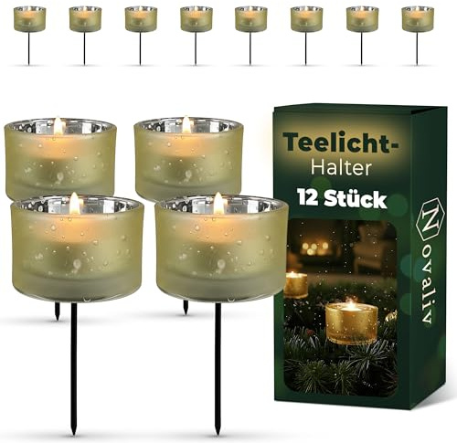 Novaliv 12x Teelichtglas für Gestecke Teelicht-Gläser Gold ⌀ 5cm x 8,5cm Mit Metall-Pick zur Gestaltung von Gesteck und Kränzen Adventskranz-Kerzenhalter Teelichthalter