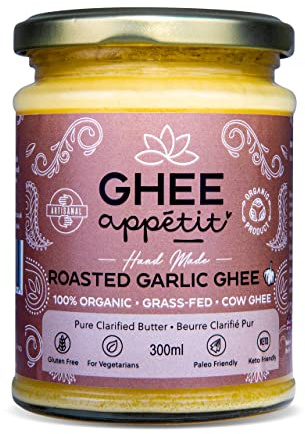 Ghee Appétit Roasted Garlic Ghee 300ml I 100% Organic Ghee infused with Organic Garlic I Grass Fed Ghee Butter I Organic Certified Ghee I Ayurvedic Artisan Ghee