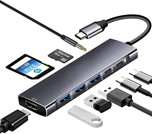 USB-C-Hub 9-in-1,Typ C-Hub mit 4K HDMI, 1 USB 3.0/2 USB 2.0, USB-C-Datenanschluss, 100 W PD, Micro-SD-/SD-Kartenleser und 3,5 mm Audio für MacBook Pro, iPad Pro, XPS und Typ C-Geräte/Laptop
