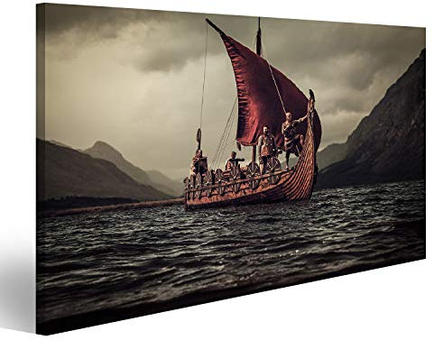 islandburner Bild auf Leinwand Gruppe Von Wikingern Auf Dem Meer Auf Drakkar Mit Bergen Im Hintergrund Schweben Wandbild Poster Kunstdruck Bilder