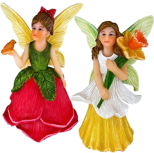 Mood Lab Fairy Garden Figurines - Flower Fairies Set (2 pcs) - Narcissus & Rose - Miniature Decorative Statues & Accessories - Outdoor & Indoor Garden Decor