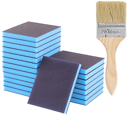 Glarks 21-teiliges Schleifschwamm-Set mit Körnung 120, 20 Stück, 120 x 100 x 12 mm, wiederverwendbare und waschbare Schleifblöcke mit 1 Pinsel für Holz, Metall, Farbe und Trockenbau