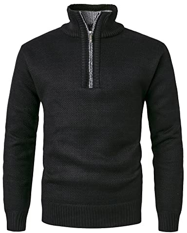 KTWOLEN Herr 3/4 dragkedja stickad tröja långärmad tröja vinter stickad pullover ståkrage tröjor kofta herr fleecefoder, svart, S