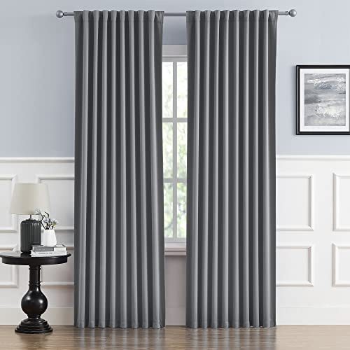 DUALIFE Thermoisolierter, Grauer Verdunkelungsvorhang, 248 cm lang, Schlaufe auf der Rückseite und Stangentasche, Raumverdunkelungsvorhänge für Schlafzimmer, 132 x 244 cm, Grau, 2 Paneele