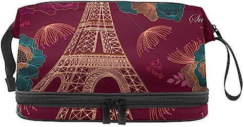 Trousse de Maquillage pour Femme Trousse cosmétique,Tour Eiffel Fleur Violette,Sac Organisateur cosmétique Sac de Maquillage de Voyage Portable