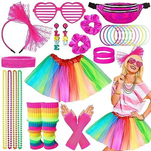 Chennyfun 26 Stück 80er 90er Jahre Outfit Damen,80er Kostüm Accessoires,Tutu,Bauchtasche,Beinwärmer,Armbänder,Halskette,Ohrring,Brille, 80er Jahre Kleidung Kostüm Neon Accessoires Thema Party Karneval