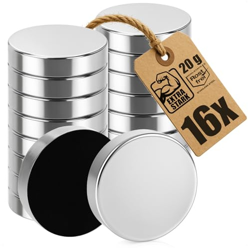 com-four® 16x Kühlschrankmagnete, Starke Magnete aus rostfreiem Edelstahl | flache Rundmagnete für Kühlschrank - Whiteboard und mehr