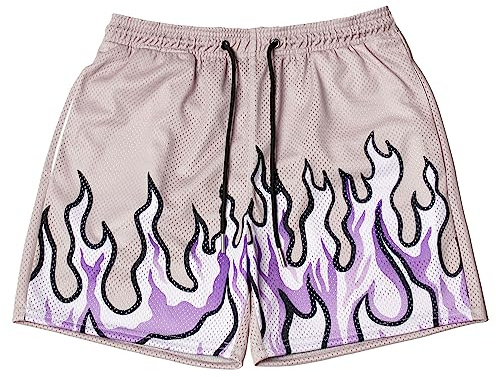 DIOTSR Mens Flame Graphic Basketball Shorts Cool Retro Running Athletic Shorts Drawstring Waist Casual Track Shorts (01 Flame-Purple,Medium)
