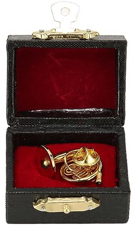 Derefine Miniatur-Waldhorn aus Messing mit Ständer und Koffer, Mini-Musikinstrument, Miniatur-Nachbildung, Puppenhaus-Modell, Mini-Waldhorn, Heimdekoration mit Exklusiver Aufbewahrungsbox