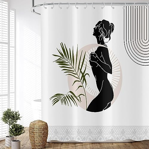 ASDCXZ Duschvorhang Boho Style 180x200 cm, Modern Abstrakt Kunst Elegant Mädchen Grün Blätter Weiß Bad Waschbar Duschvorhänge Polyester Textil Wasserdicht Duschvorhang für Badewanne mit 12 Haken