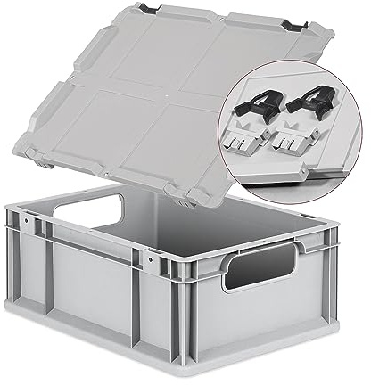 Eurobox NextGen Economy 40x30x17cm Griffe offen mit Scharnierdeckel grau, Kunststoffbox 16 Liter stapelbar Transportbox, Campingbox Farbe Deckel-Verschlüsse wählbar (Verschlüsse Schwarz)