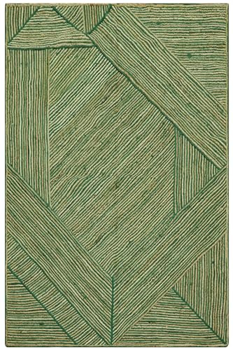 Tappeto intrecciato a strisce naturale in juta - Piccolo 66 x 122 cm Tappeto per porta in tessuto piatto Kilim per uso interno ed esterno, tappeto Dhurrie per cucina, ingresso, ufficio (Verde e Beige)