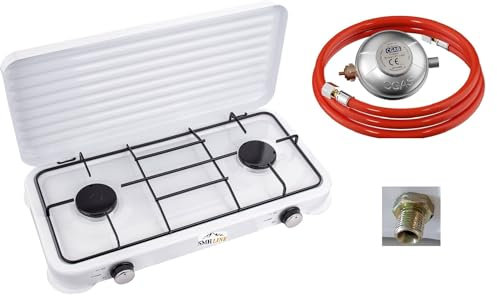 SMH LINE® Fornello a gas da campeggio a 2 fuochi, con tubo e regolatore a gas propano 4,4 KW, piano cottura da campeggio, bombola a gas per esterni, fornello da tavolo, XL