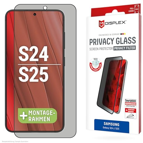 DISPLEX Privacy Full Cover Verre blindé (10H) pour Samsung Galaxy S24, Cadre de Montage écologique, Filtre de confidentialité, Verre trempé, Film de Protection résistant aux Rayures, Compatible avec